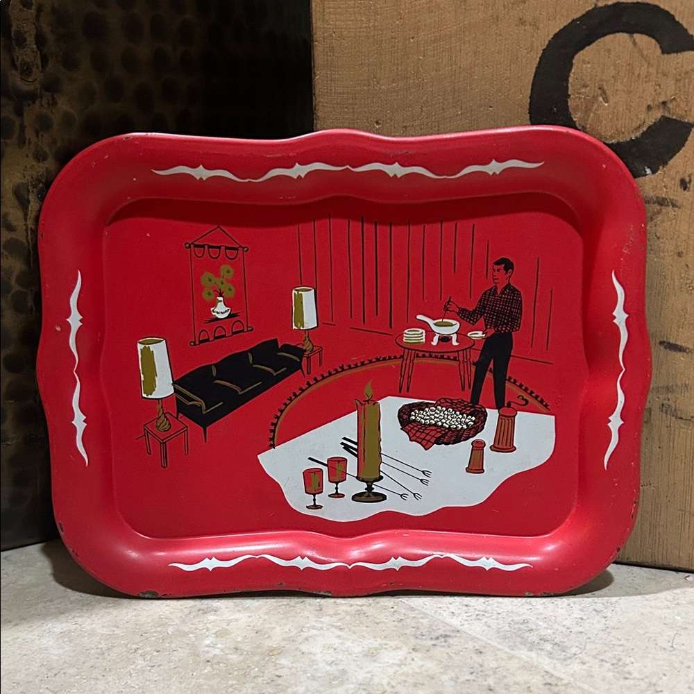 Small Vintage Red Tin Fondue Tray